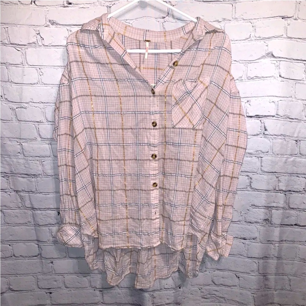 Free People Oversized Pink Sparkly Flannel Button Up Top Size Small Women’s